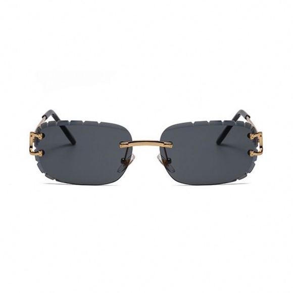 Mens Black Tint Rimless Dark Diamond Cut Lens Gold Frame Hand Carved Sunglasses - Picture 1 of 4
